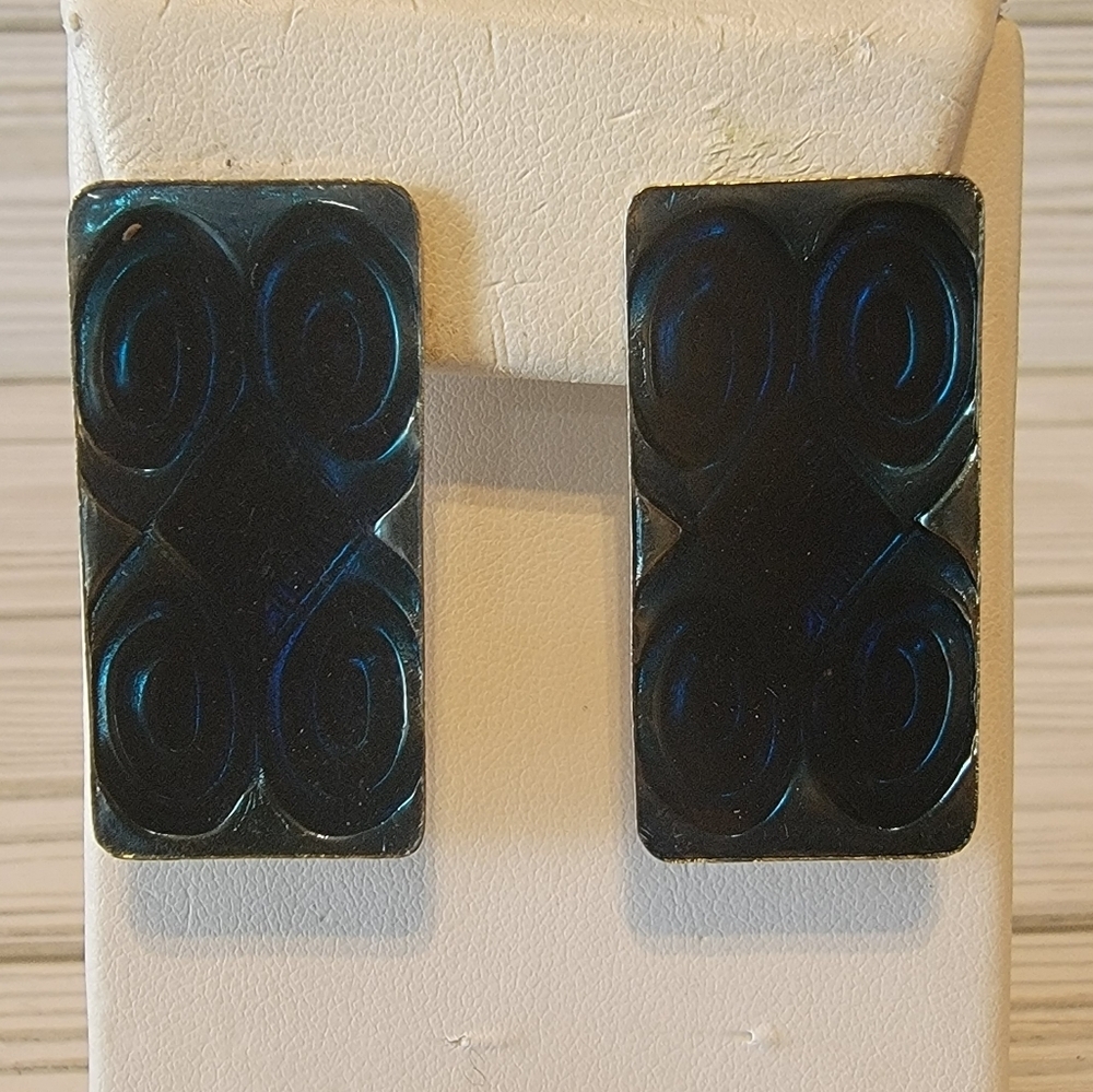 Vintage Style Teal Blue Embossed Geometric Statement Pierced Earrings